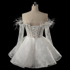Elegant White Off-Shoulder Feather Lace Corset Mini Wedding Dress SW717