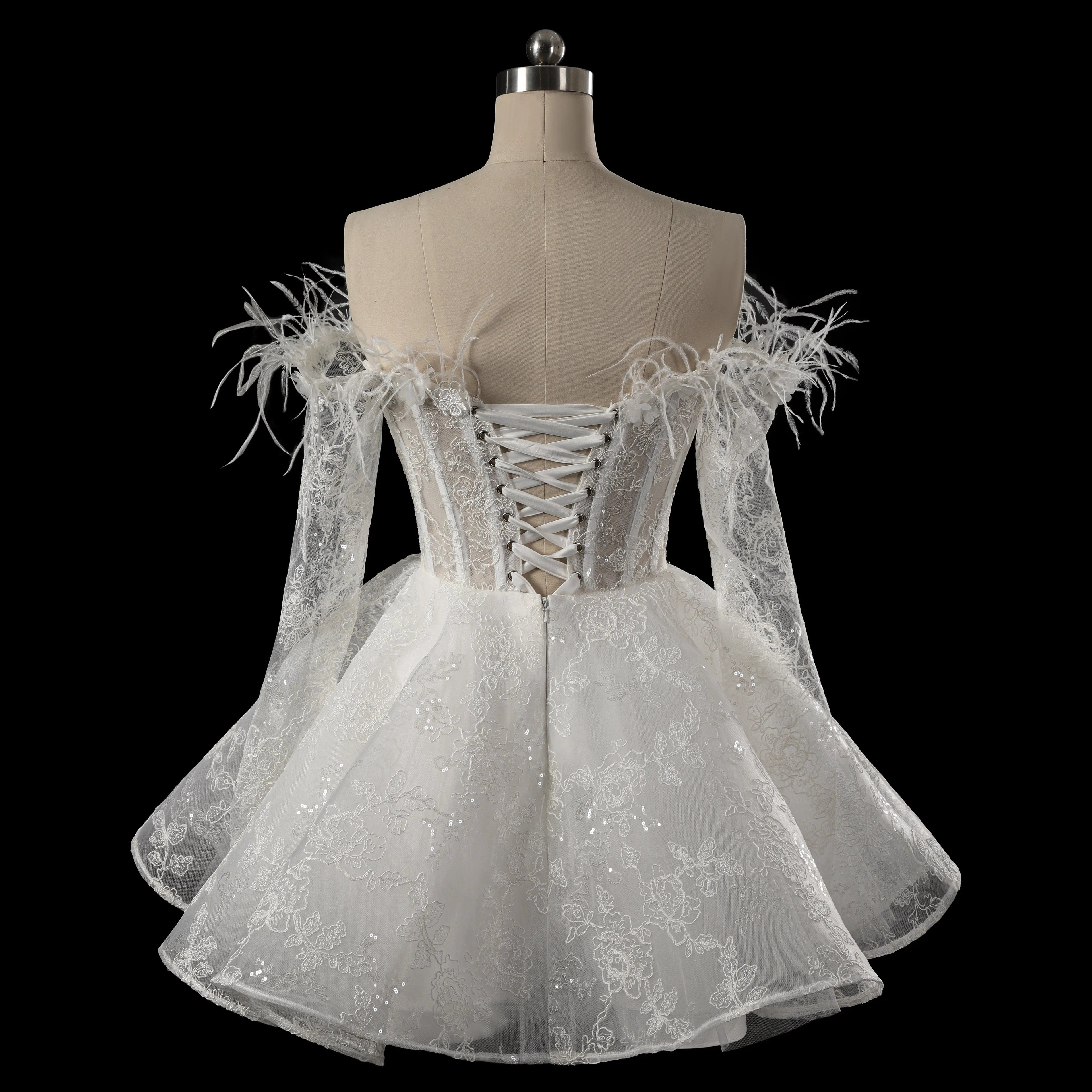 Elegant White Off-Shoulder Feather Lace Corset Mini Wedding Dress SW717