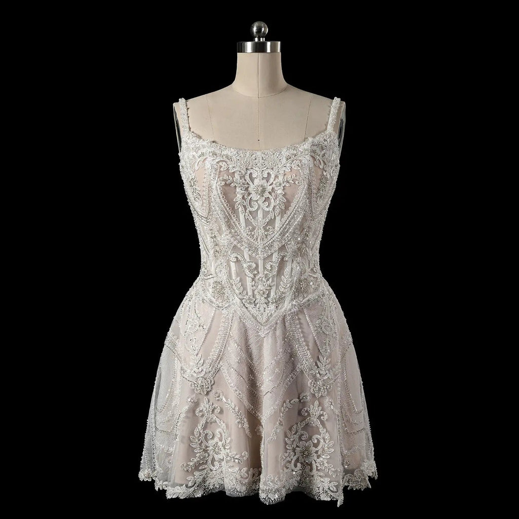 Luxury Ivory Beaded Lace Short Wedding Dress with Lace-Up Corset Back SW707