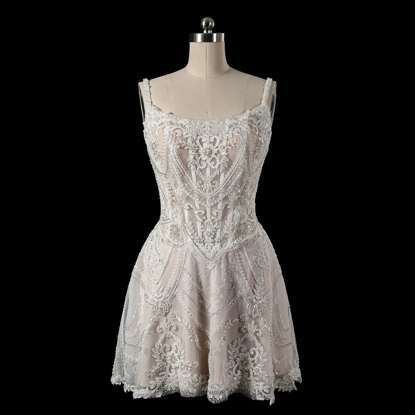 Luxury Ivory Beaded Lace Short Wedding Dress with Lace-Up Corset Back SW707