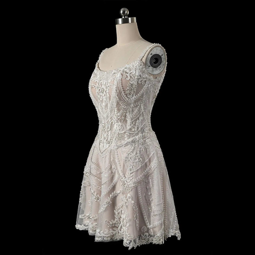 Luxury Ivory Beaded Lace Short Wedding Dress with Lace-Up Corset Back SW707