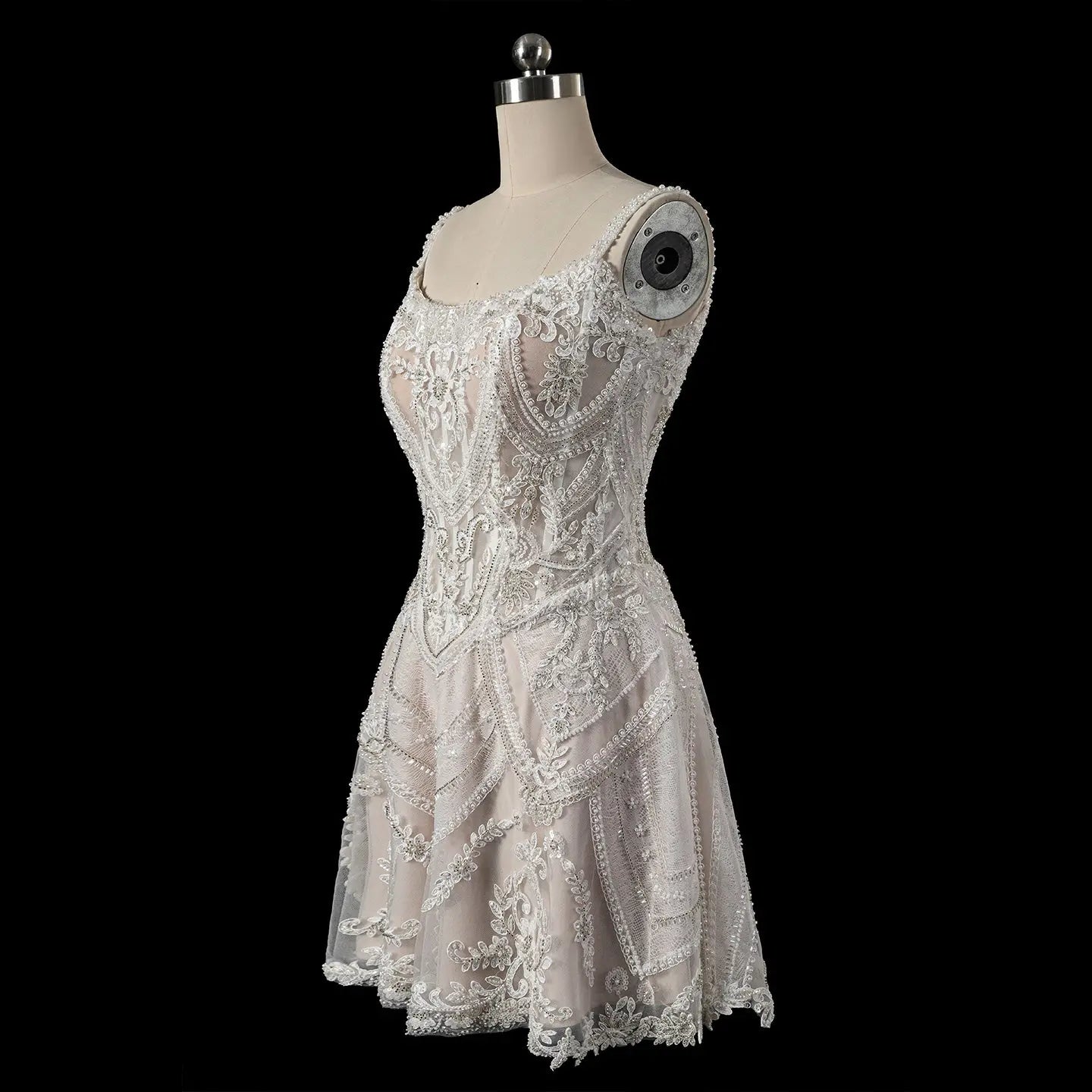 Luxury Ivory Beaded Lace Short Wedding Dress with Lace-Up Corset Back SW707