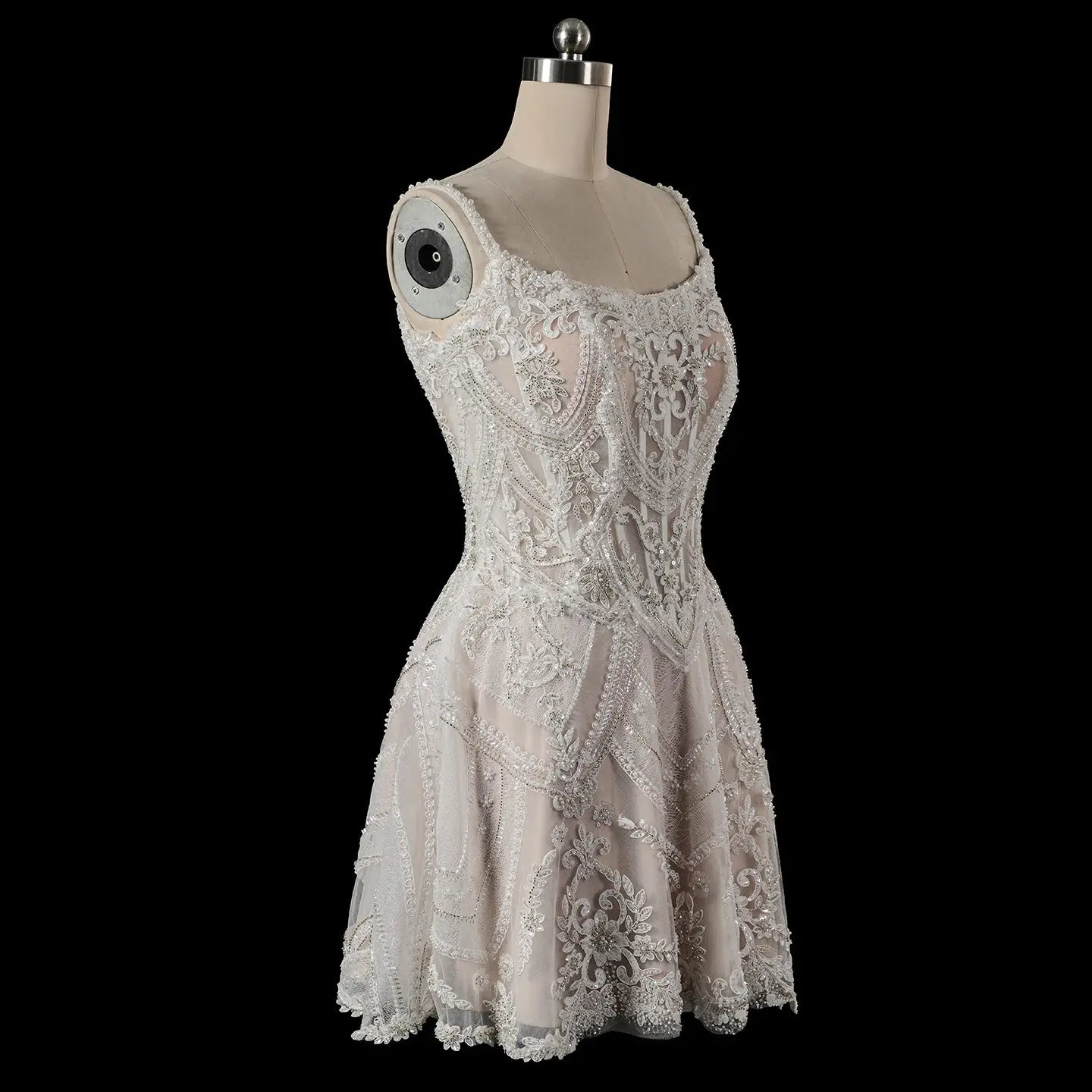 Luxury Ivory Beaded Lace Short Wedding Dress with Lace-Up Corset Back SW707