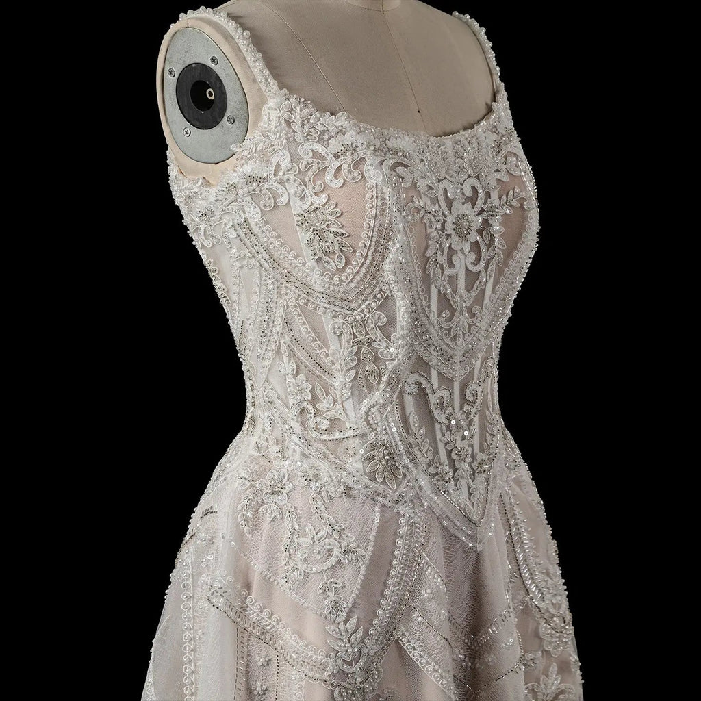 Luxury Ivory Beaded Lace Short Wedding Dress with Lace-Up Corset Back SW707