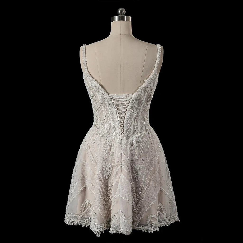 Luxury Ivory Beaded Lace Short Wedding Dress with Lace-Up Corset Back SW707