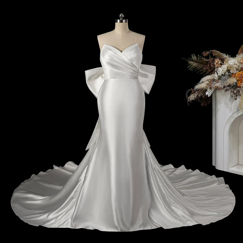 Glamorous Lvory Satin Wedding Dress with Buttons & Train SW718