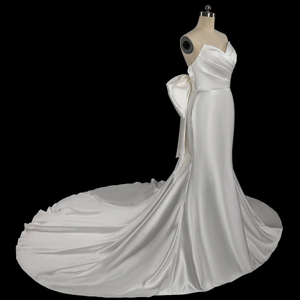 Glamorous Lvory Satin Wedding Dress with Buttons & Train SW718
