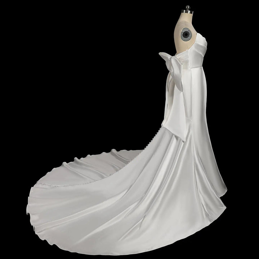 Glamorous Lvory Satin Wedding Dress with Buttons & Train SW718