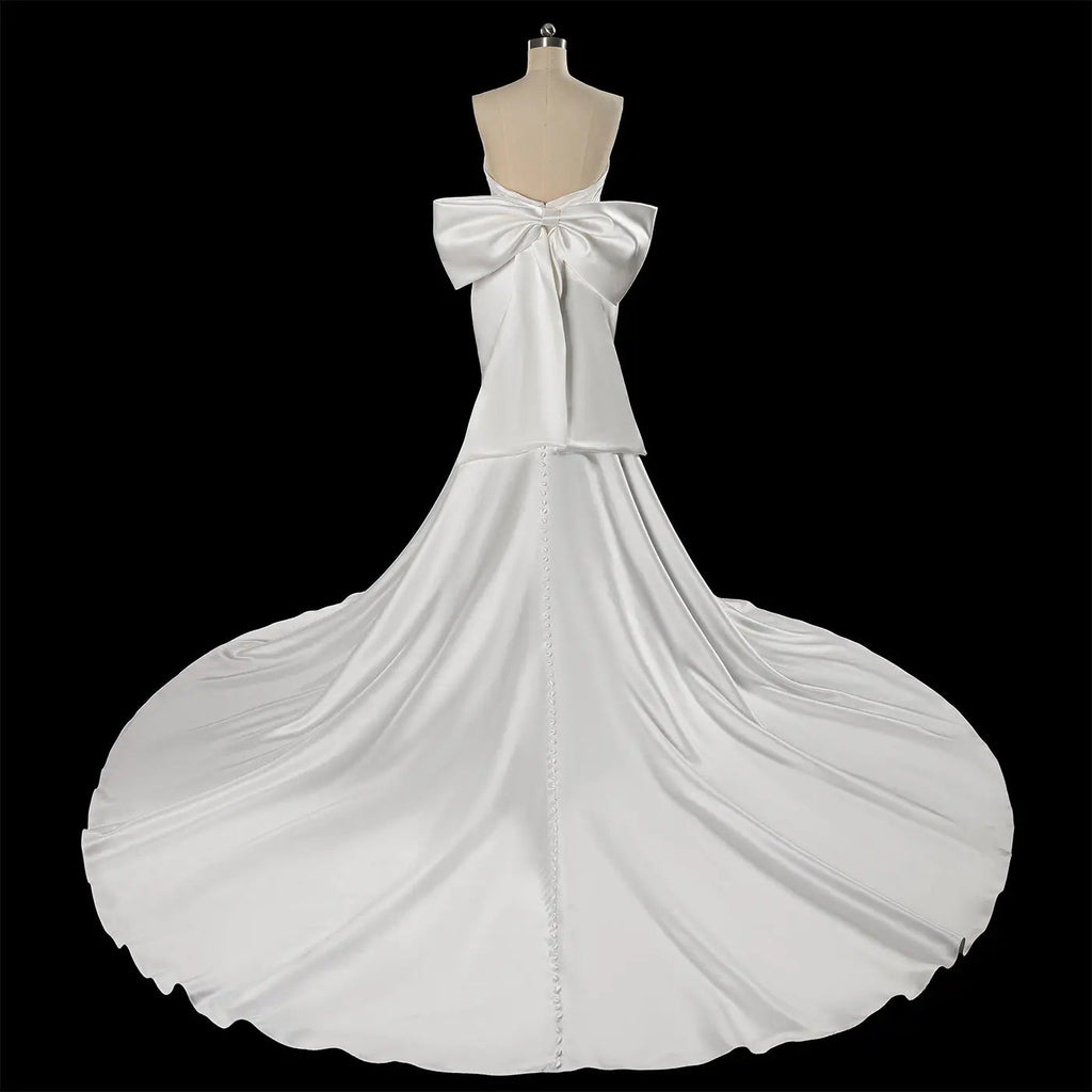 Glamorous Lvory Satin Wedding Dress with Buttons & Train SW718