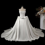 Luxury White Satin Strapless Beaded Ball Gown Train Wedding Dress SW599