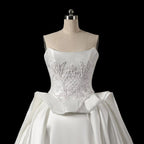 Luxury White Satin Strapless Beaded Ball Gown Train Wedding Dress SW599