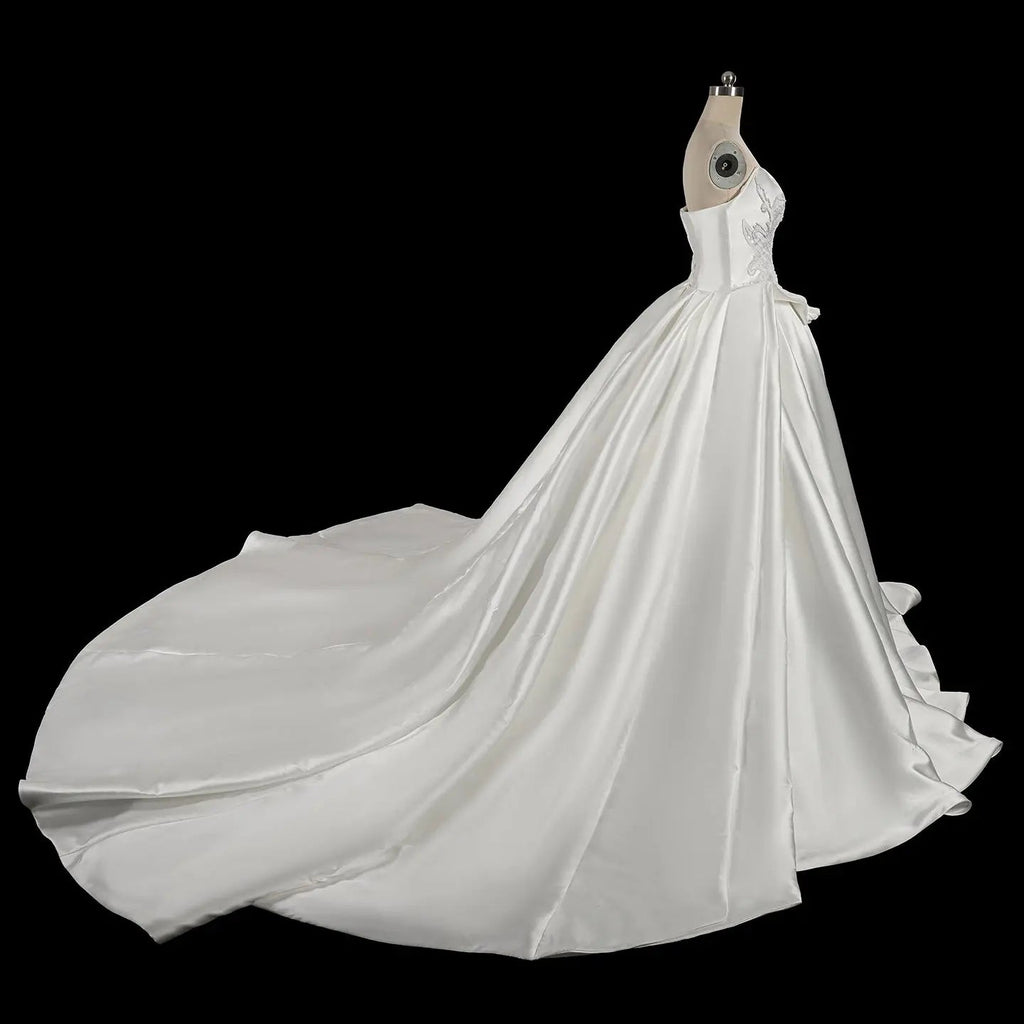 Luxury White Satin Strapless Beaded Ball Gown Train Wedding Dress SW599