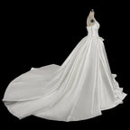 Luxury White Satin Strapless Beaded Ball Gown Train Wedding Dress SW599
