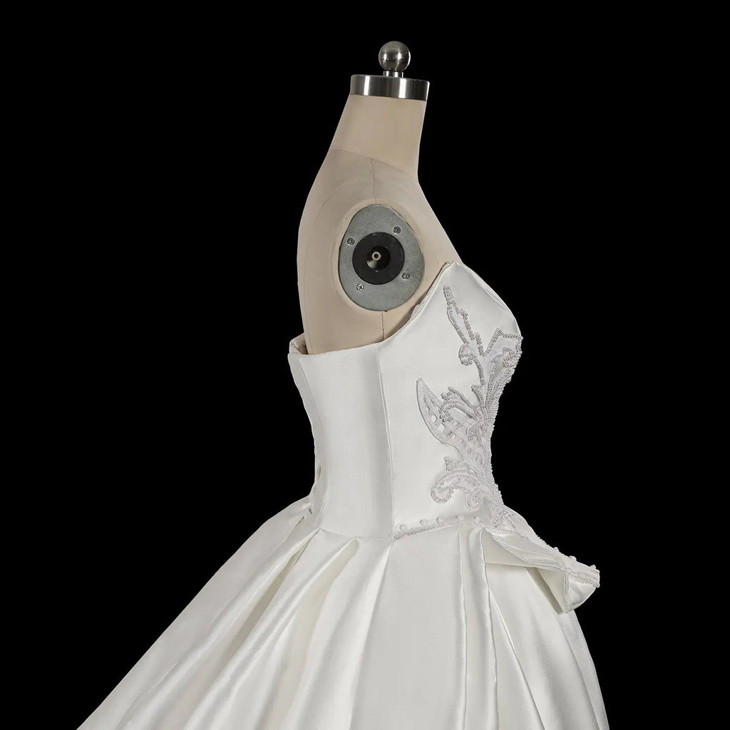 Luxury White Satin Strapless Beaded Ball Gown Train Wedding Dress SW599