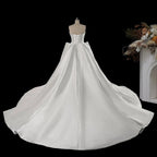 Luxury White Satin Strapless Beaded Ball Gown Train Wedding Dress SW599