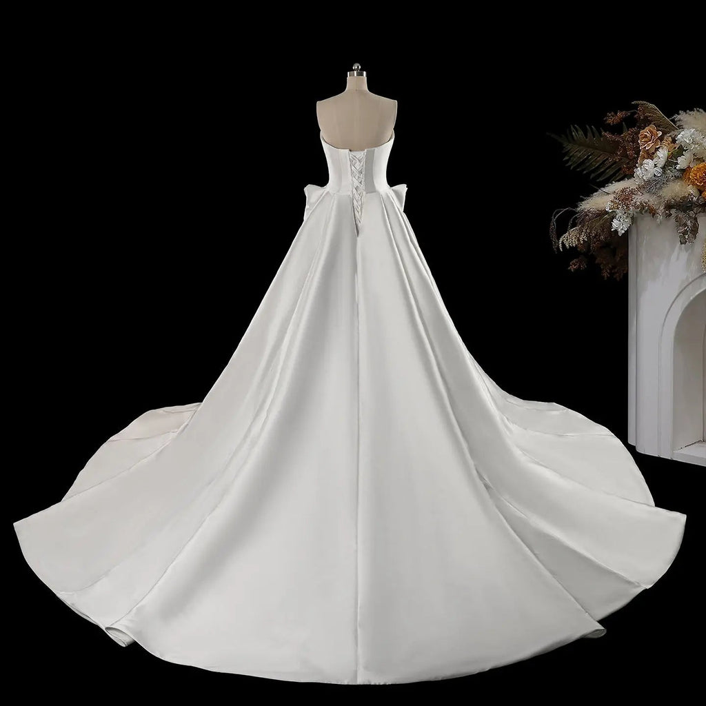 Luxury White Satin Strapless Beaded Ball Gown Train Wedding Dress SW599