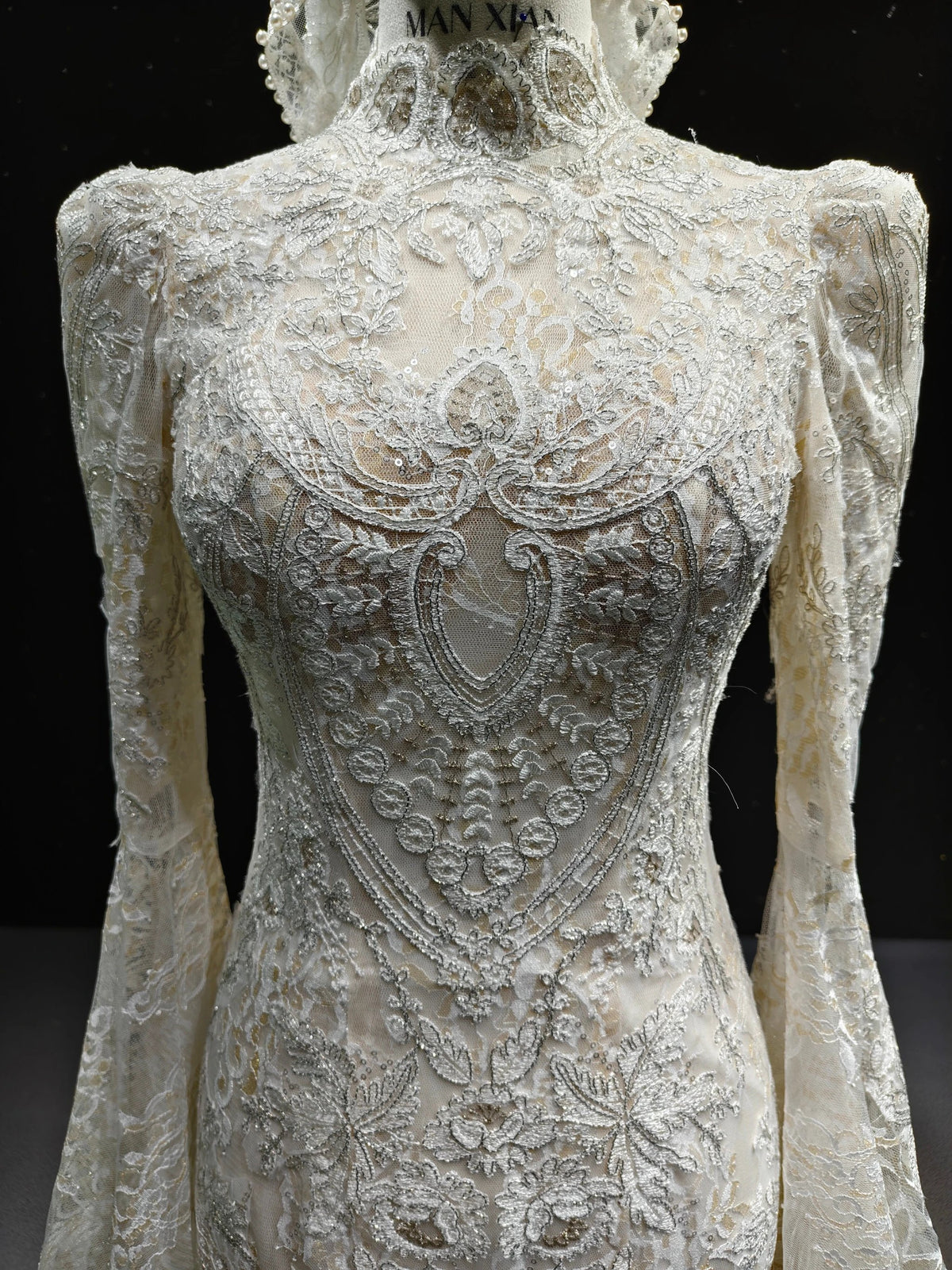 Lace Bell-Sleeve High-Collar Mermaid Gown by ZAPDRESS