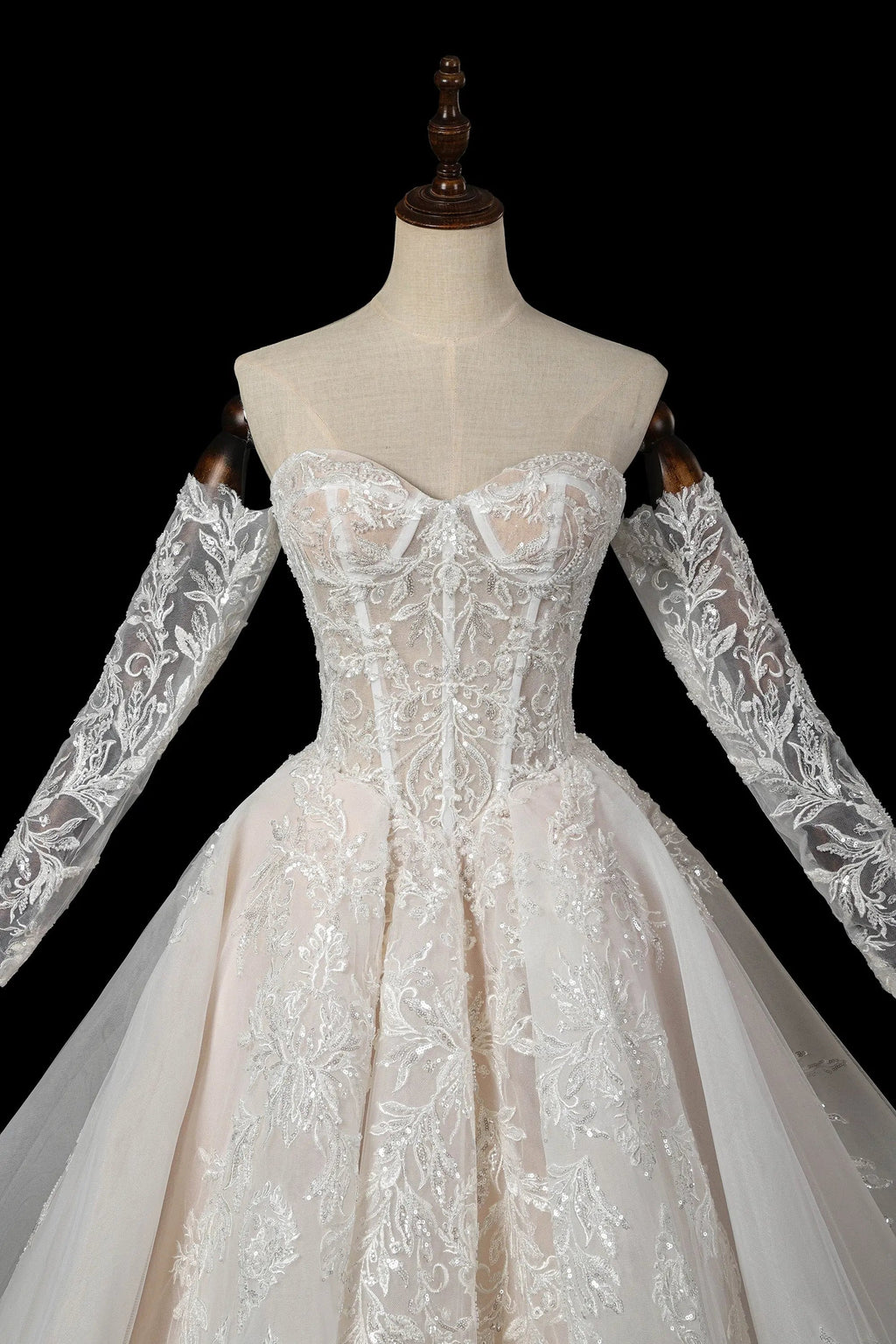 Elegant Ivory Strapless Corset Lace Tulle Bridal Gown Wedding Dress with Long Detachable Sleeves SW703