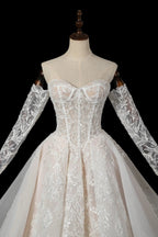 Elegant Ivory Strapless Corset Lace Tulle Bridal Gown Wedding Dress with Long Detachable Sleeves SW703