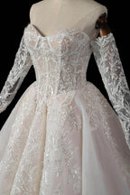 Elegant Ivory Strapless Corset Lace Tulle Bridal Gown Wedding Dress with Long Detachable Sleeves SW703