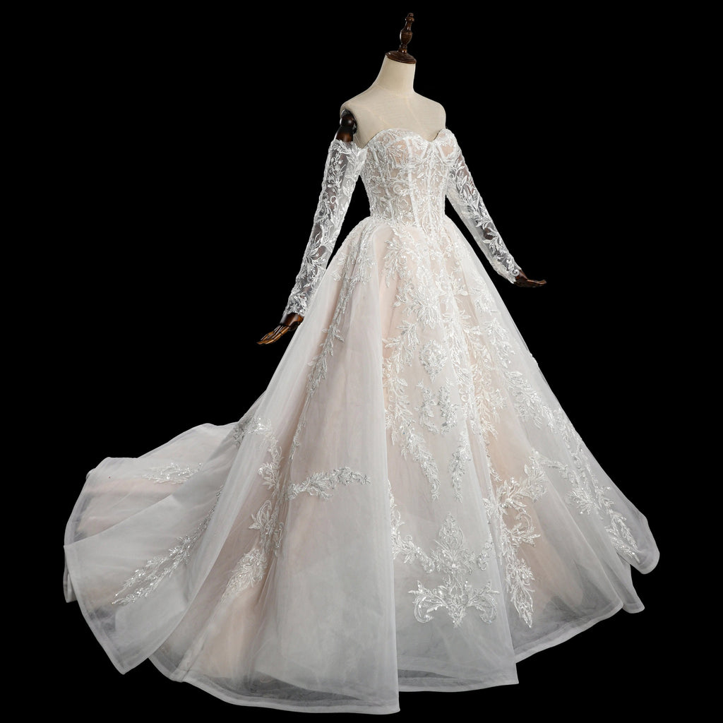 Elegant Ivory Strapless Corset Lace Tulle Bridal Gown Wedding Dress with Long Detachable Sleeves SW703