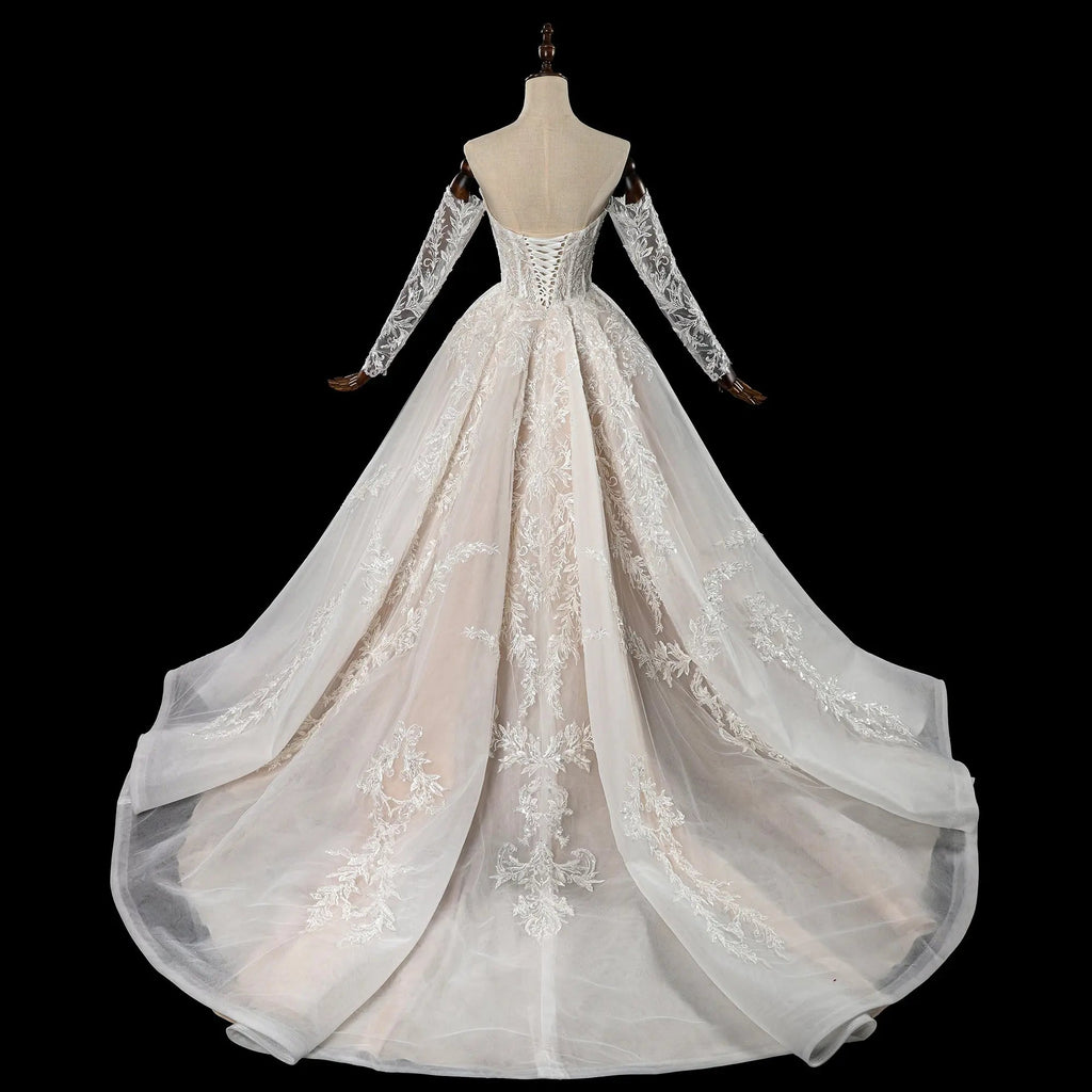 Elegant Ivory Strapless Corset Lace Tulle Bridal Gown Wedding Dress with Long Detachable Sleeves SW703