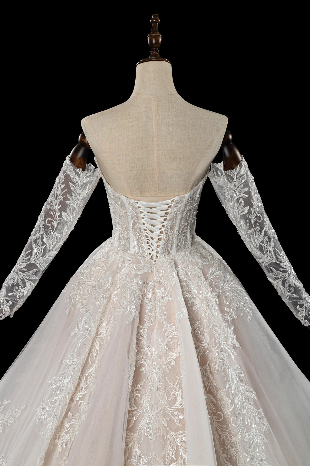 Elegant Ivory Strapless Corset Lace Tulle Bridal Gown Wedding Dress with Long Detachable Sleeves SW703