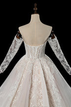 Elegant Ivory Strapless Corset Lace Tulle Bridal Gown Wedding Dress with Long Detachable Sleeves SW703