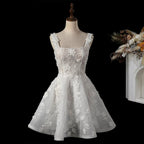Luxury Off White 3D Floral Appliqué Short Wedding Dress with Sparkle Tulle SW722