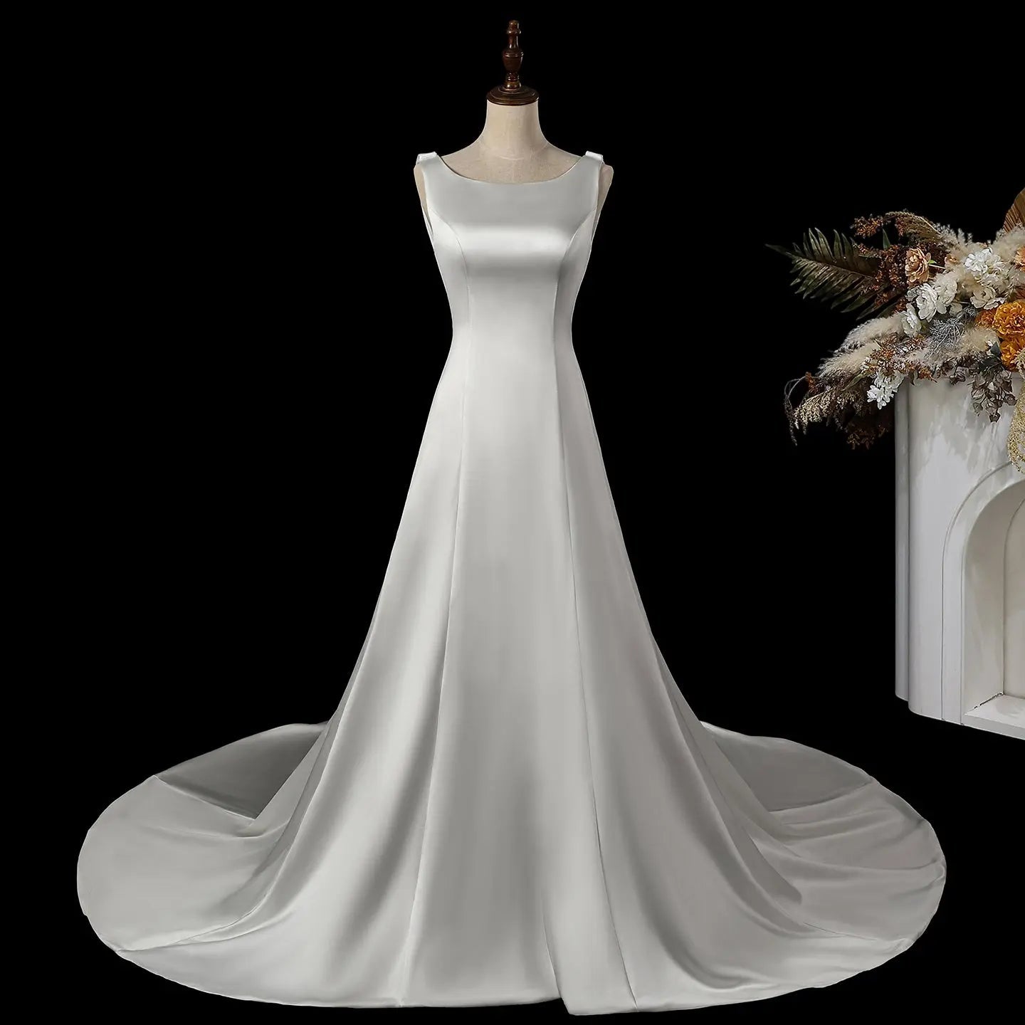 Romantic White Sleeveless Satin Wedding Dress with Low Back SW719