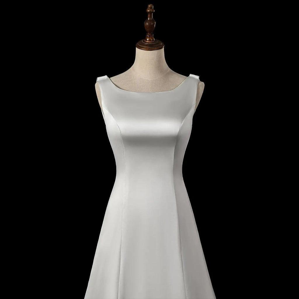 Romantic White Sleeveless Satin Wedding Dress with Low Back SW719