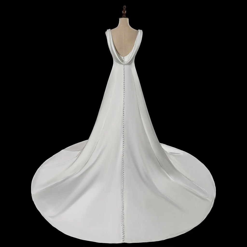 Romantic White Sleeveless Satin Wedding Dress with Low Back SW719