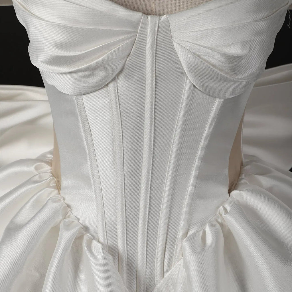 Elegant Lvory Off-the-Shoulder Satin Wedding Dress with Large Bow SW720