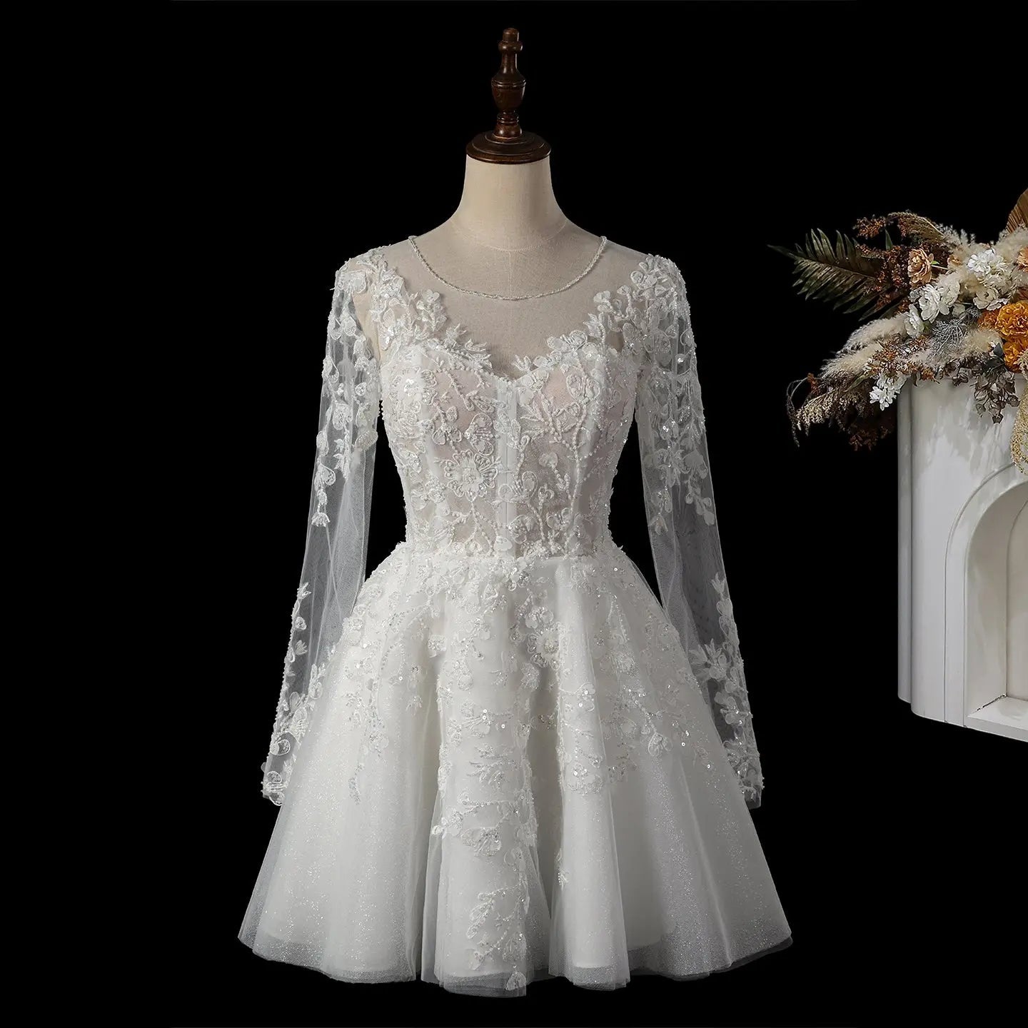 Elegant Off White Long Sleeve Lace Short Wedding Dress SW721