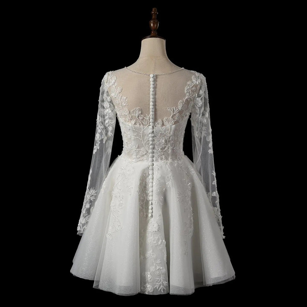 Elegant Off White Long Sleeve Lace Short Wedding Dress SW721