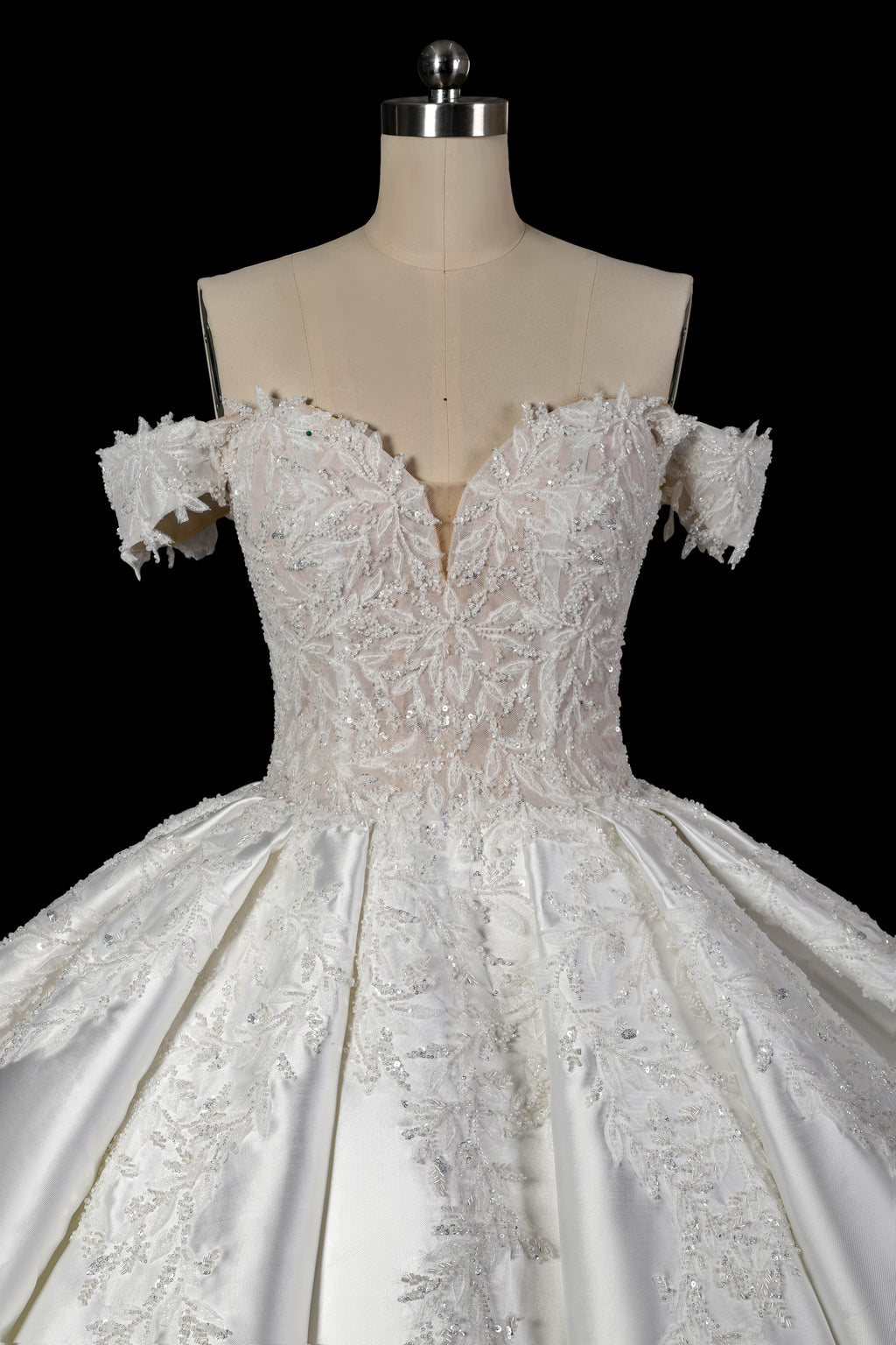 Luxury White Off-the-Shoulder Lace Satin Ball Gown Wedding Dress SW701