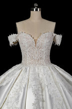 Luxury White Off-the-Shoulder Lace Satin Ball Gown Wedding Dress SW701