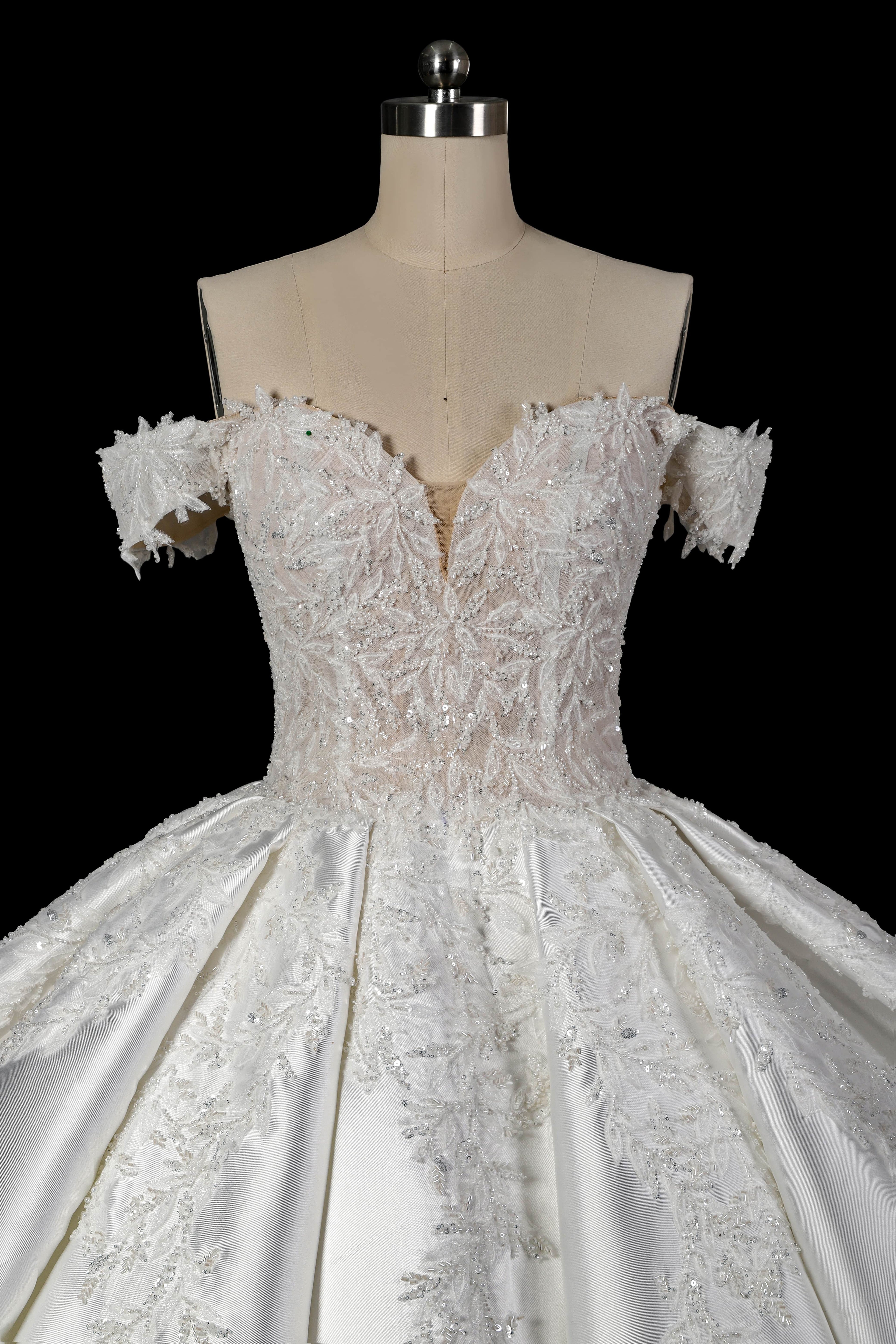 Luxury White Off-the-Shoulder Lace Satin Ball Gown Wedding Dress SW701