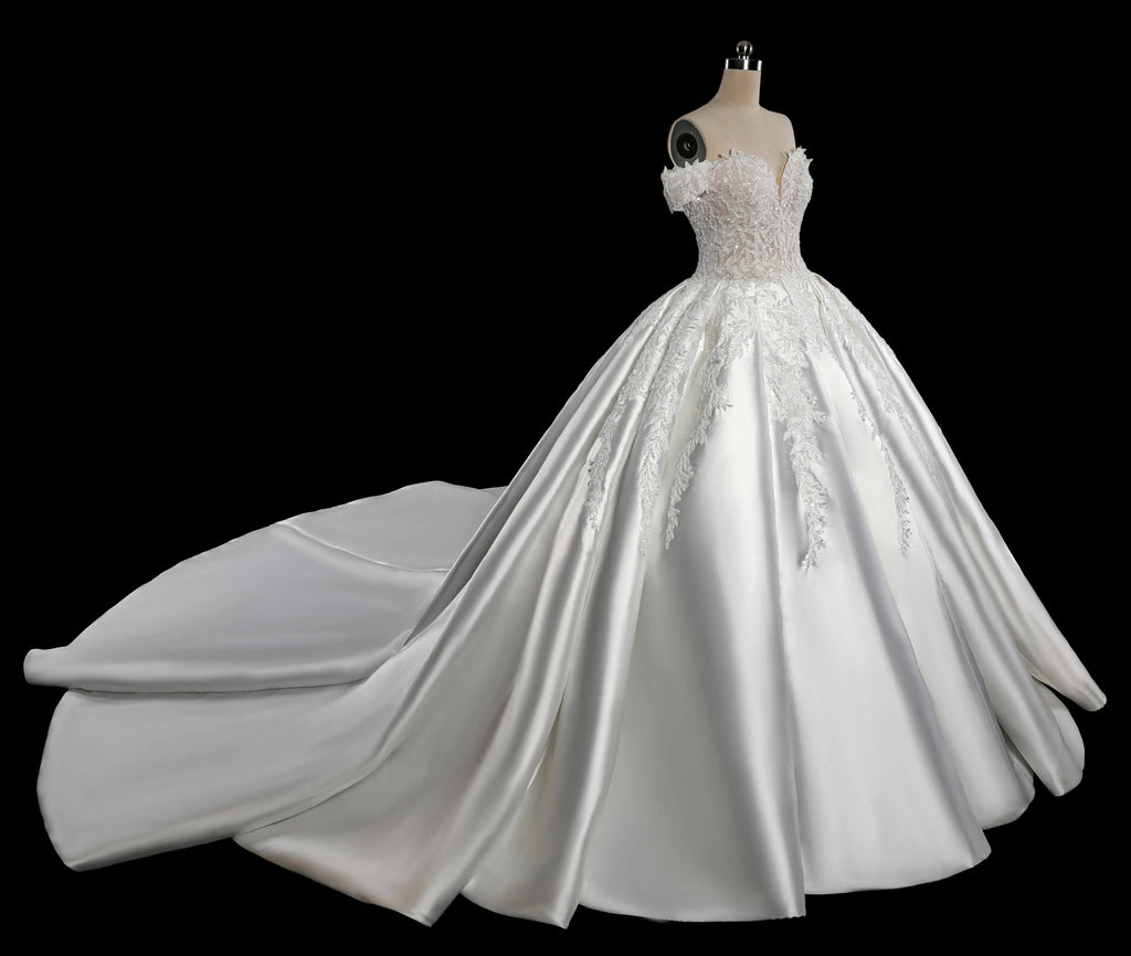 Luxury White Off-the-Shoulder Lace Satin Ball Gown Wedding Dress SW701