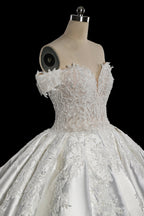 Luxury White Off-the-Shoulder Lace Satin Ball Gown Wedding Dress SW701