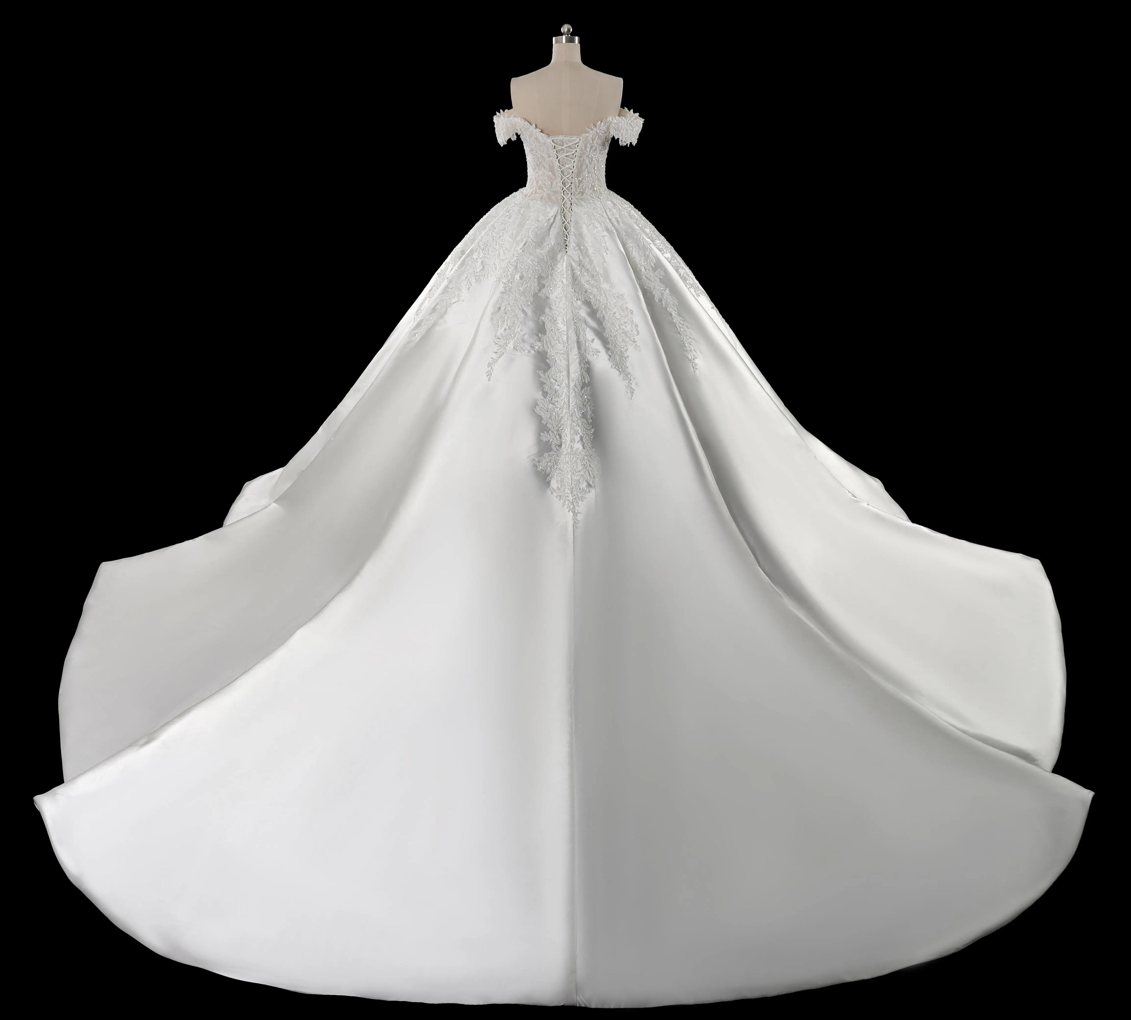 Luxury White Off-the-Shoulder Lace Satin Ball Gown Wedding Dress SW701