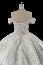 Luxury White Off-the-Shoulder Lace Satin Ball Gown Wedding Dress SW701