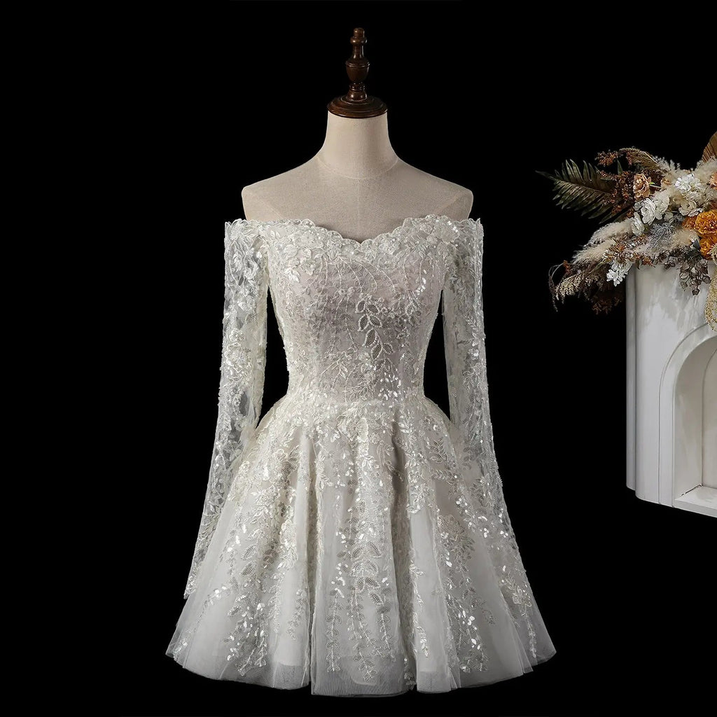 Elegant Off White Off-the-Shoulder Lace Short Wedding Dress SW723
