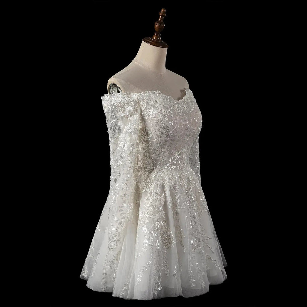 Elegant Off White Off-the-Shoulder Lace Short Wedding Dress SW723