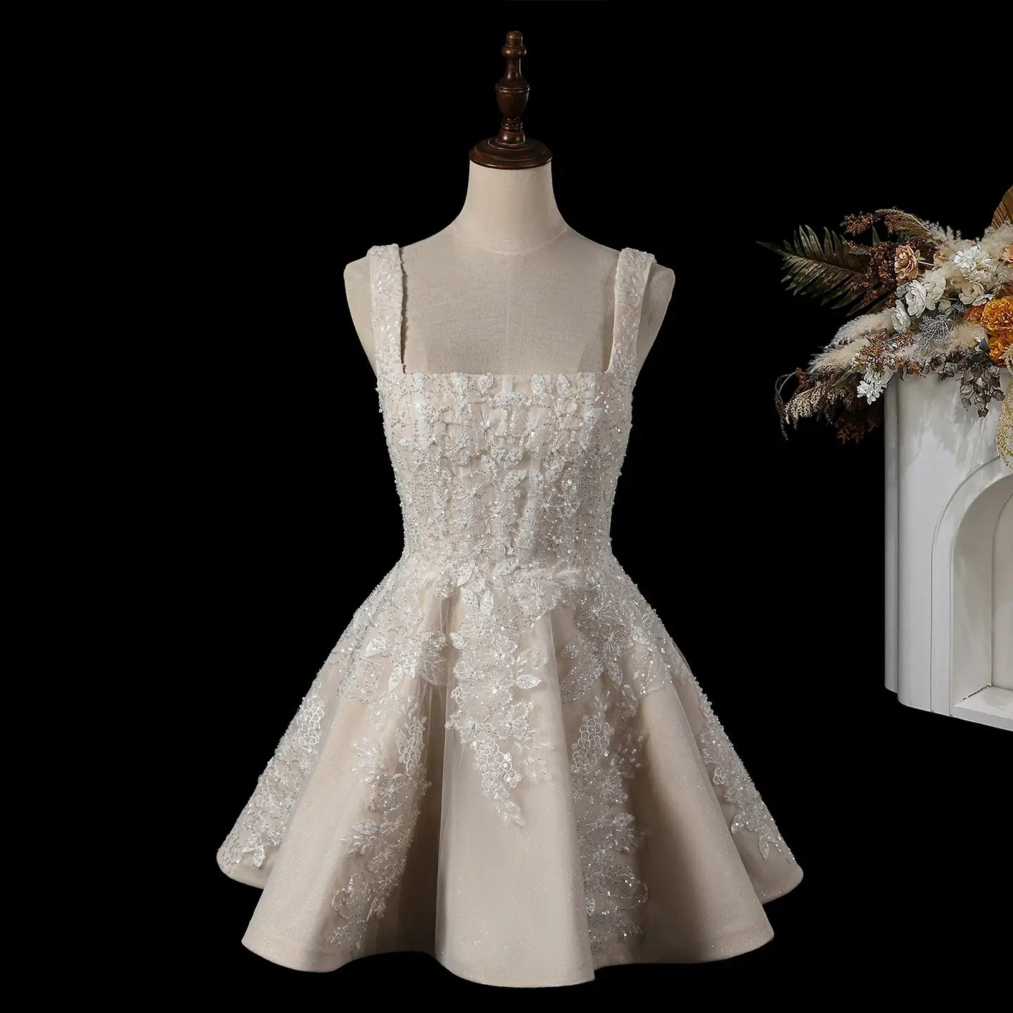 Romantic Champagne Sleeveless A-Line Short Wedding Dress with Deep V Back SW725