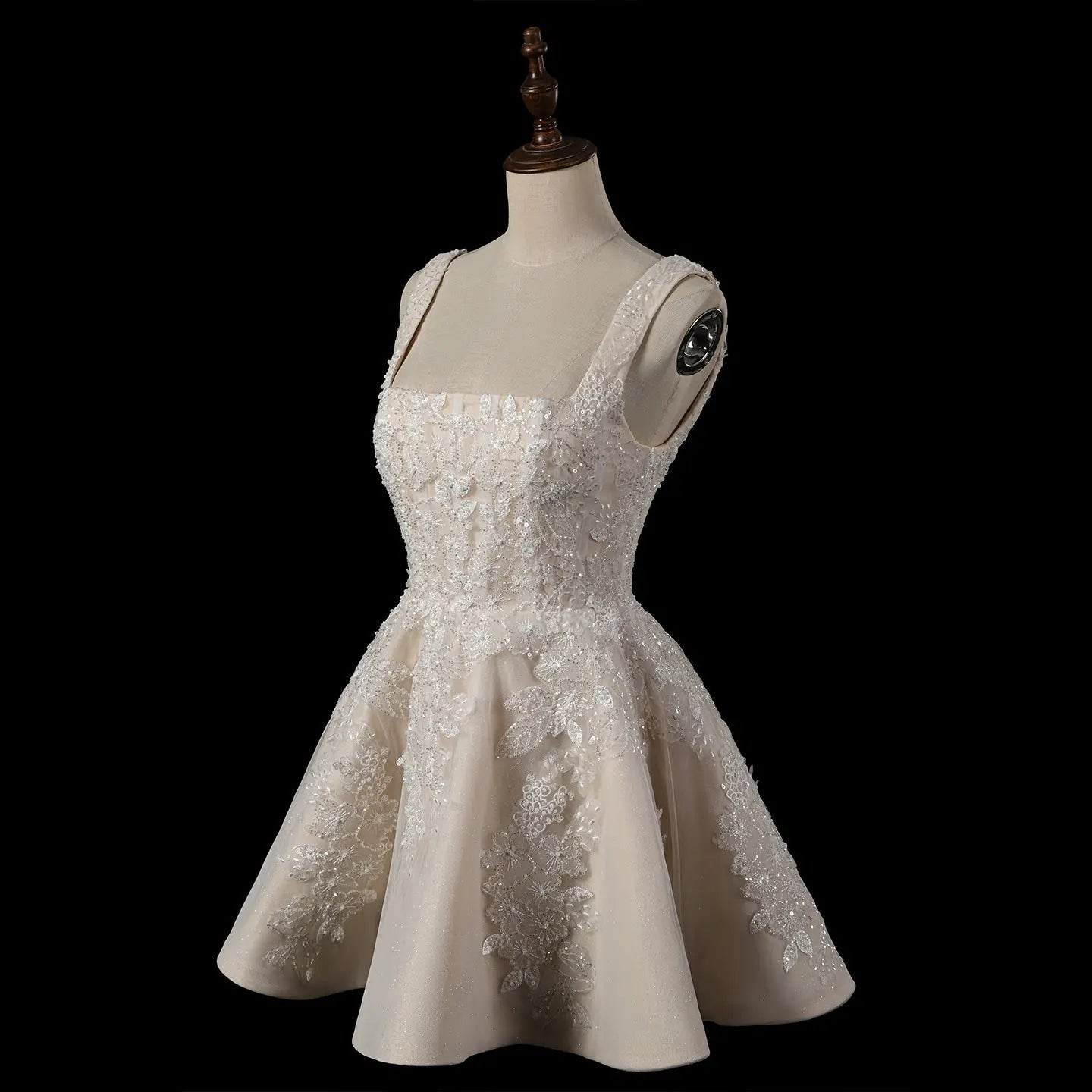 Romantic Champagne Sleeveless A-Line Short Wedding Dress with Deep V Back SW725