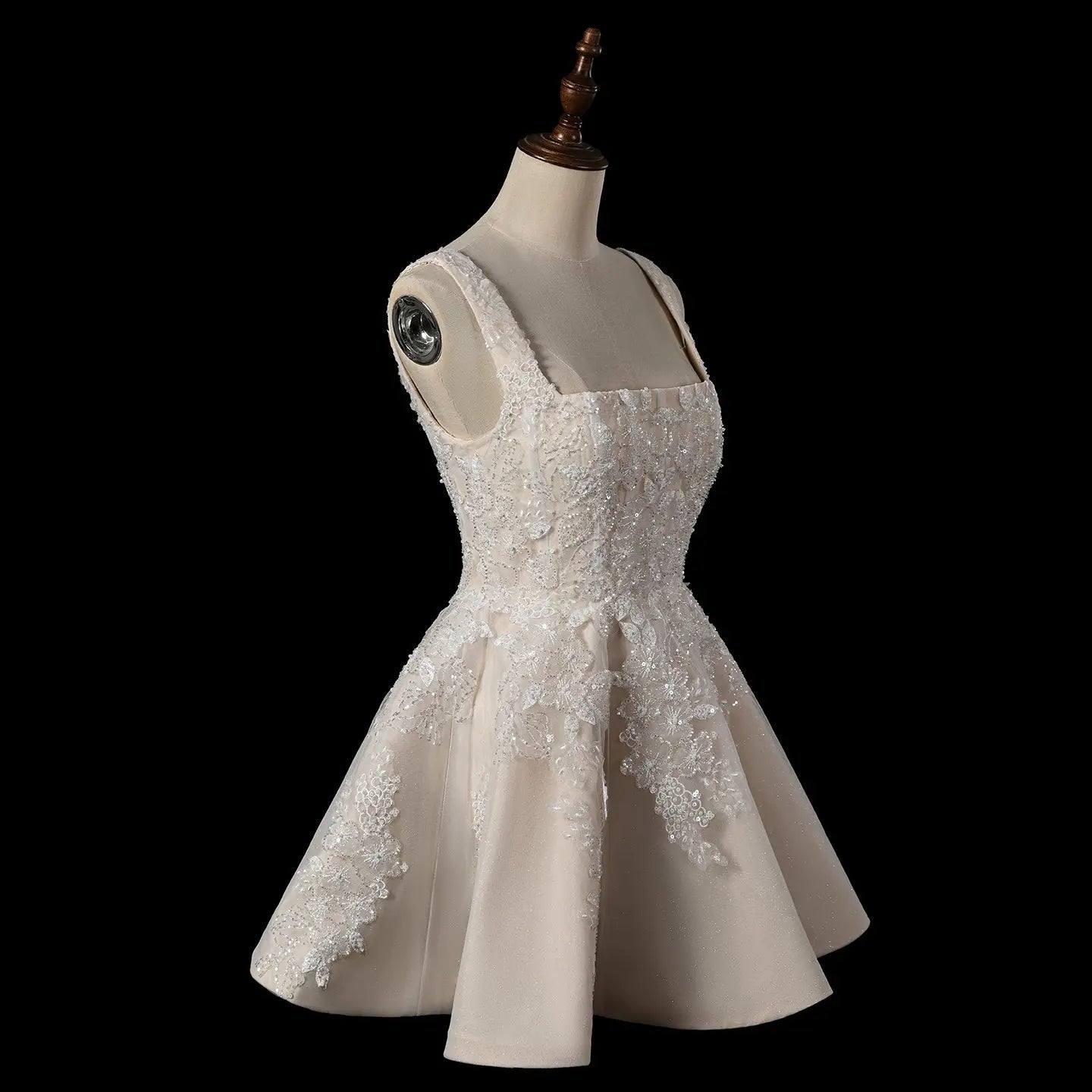 Romantic Champagne Sleeveless A-Line Short Wedding Dress with Deep V Back SW725