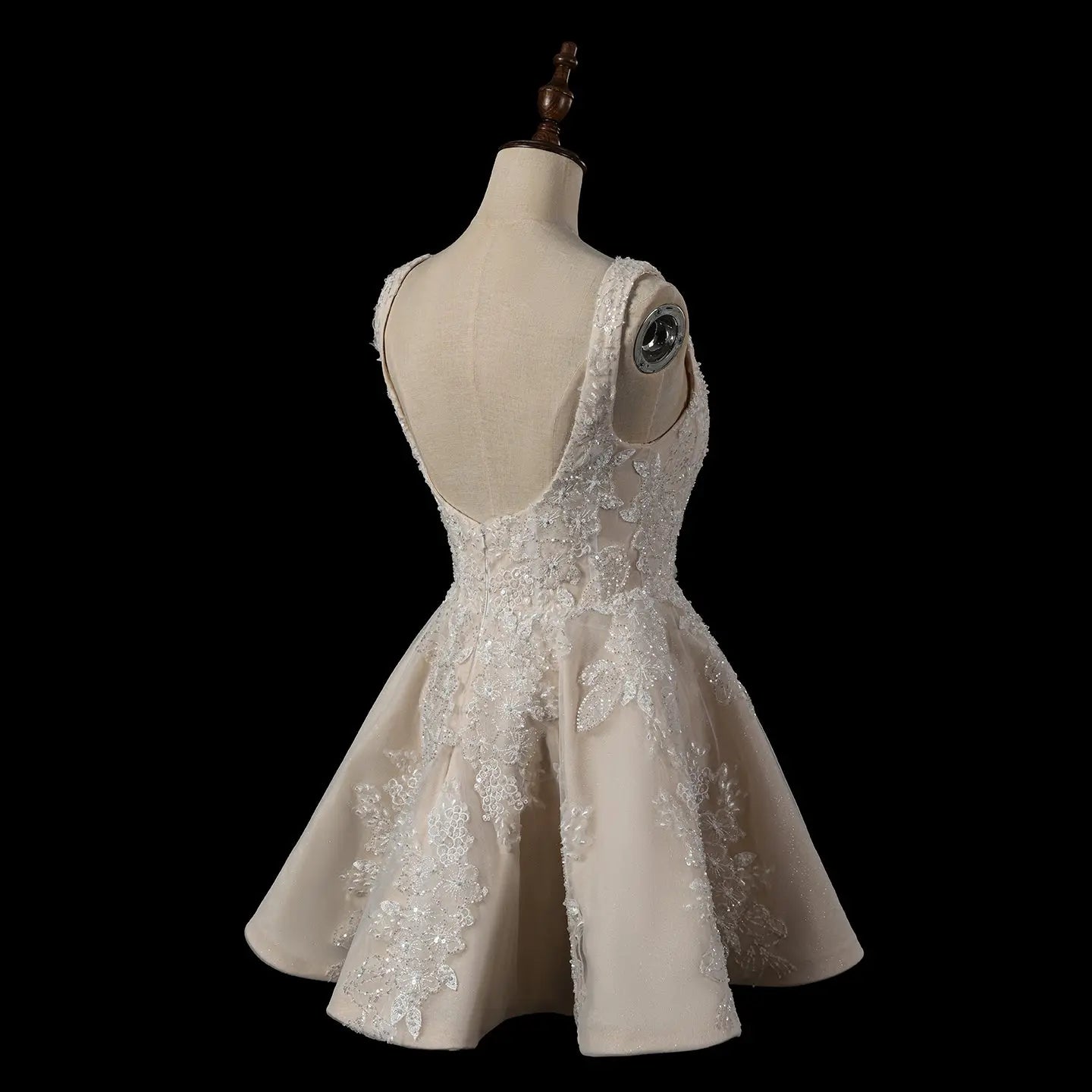 Romantic Champagne Sleeveless A-Line Short Wedding Dress with Deep V Back SW725