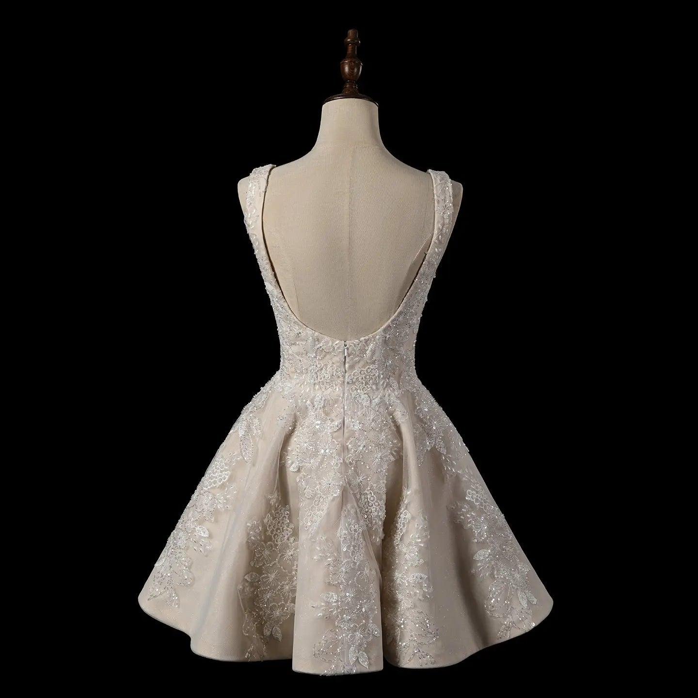Romantic Champagne Sleeveless A-Line Short Wedding Dress with Deep V Back SW725