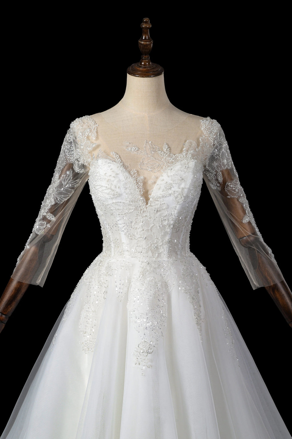 Glamorous White Illusion Neck Lace & Tulle Wedding Dress with Cathedral Train SW709